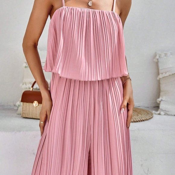 Pink Preppy Womens Solid Pleated Cami Jumpsuit - Picture 5 of 5